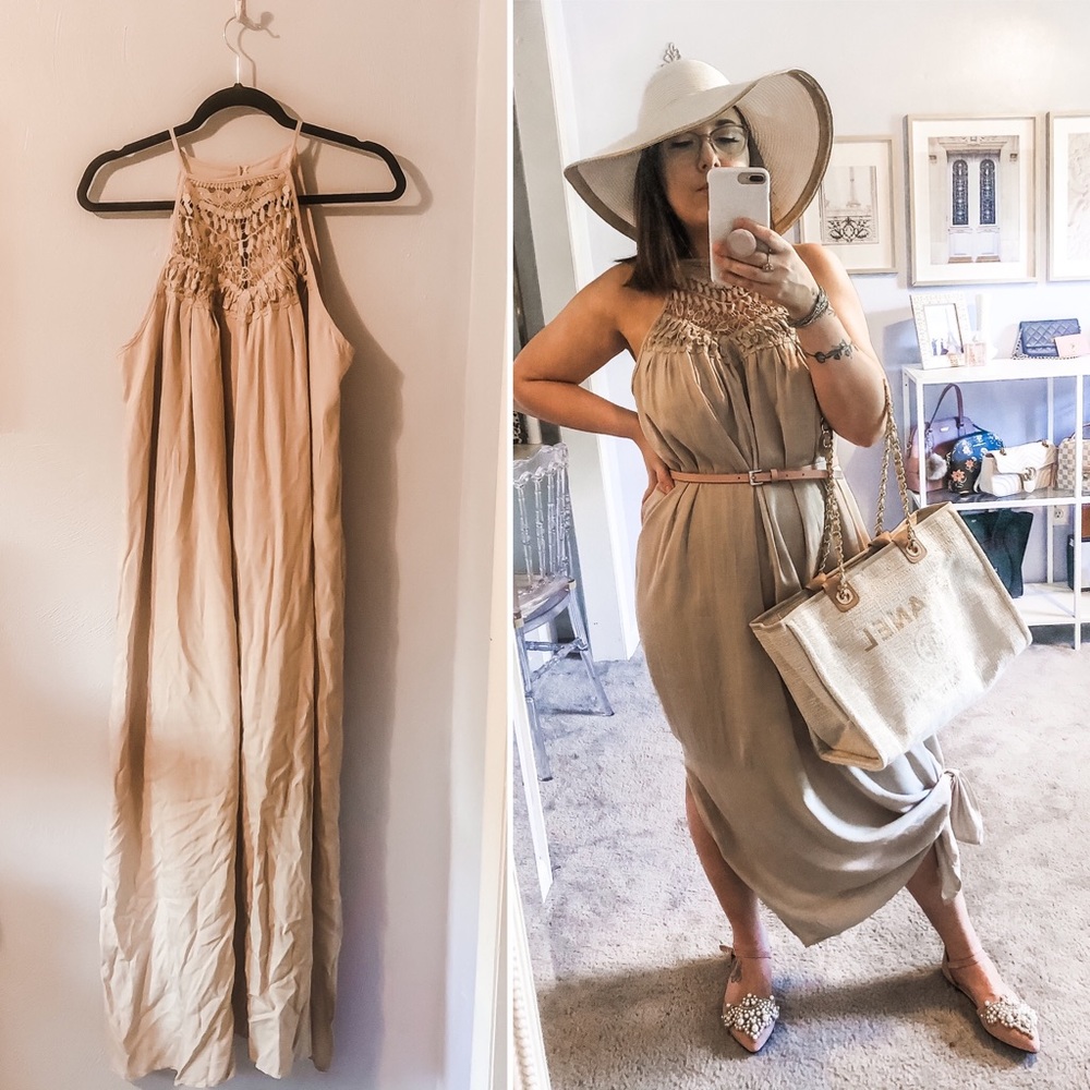 Beige linen crochet neckline maxi dress